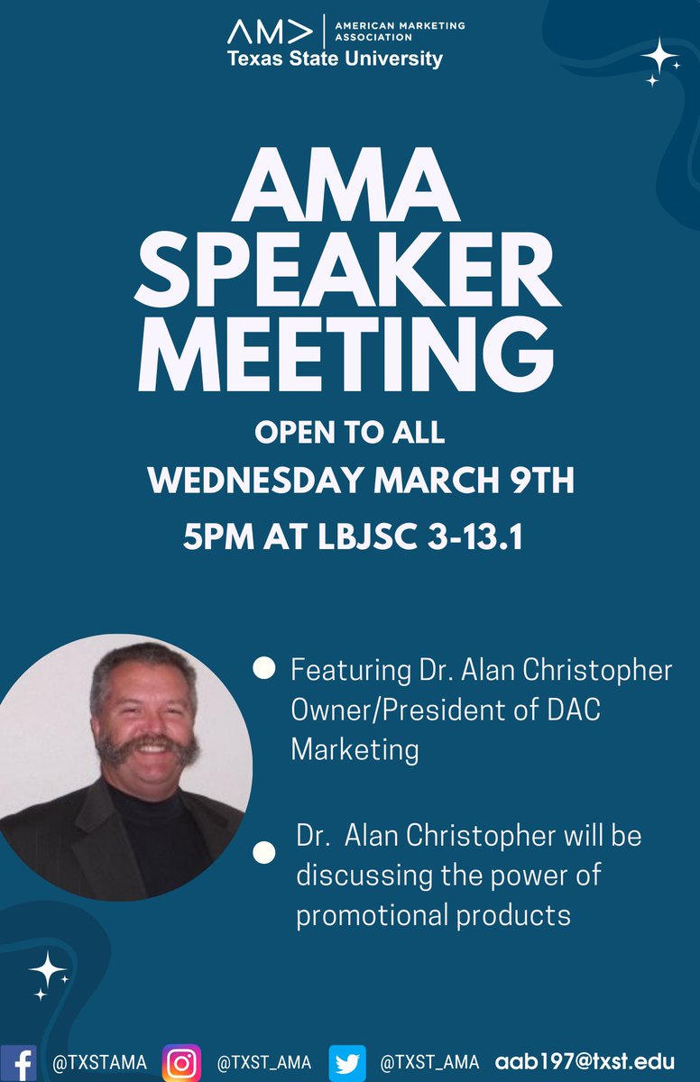 txst_ama's tweet photo. AMA Speaker Meeting THIS WEDNESDAY with free food!! In LBJSC 3-13.1!!!! #txstama https://t.co/KYP7pv9q5q