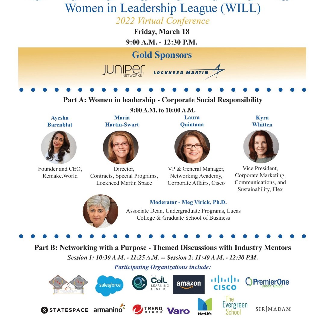 sjsubusiness's tweet photo. Women in Leadership League (WILL) is BACK!

Join us Fri March 18th from 9:00am-12:30pm for our Virtual Conference. PART A will be a webinar and PART B will a networking session.

Register Here: https://t.co/up62Lj0sA0 
Check out the website: https://t.co/C8w6OGS7gS

#sjsuwill https://t.co/9UR4eRuBLS