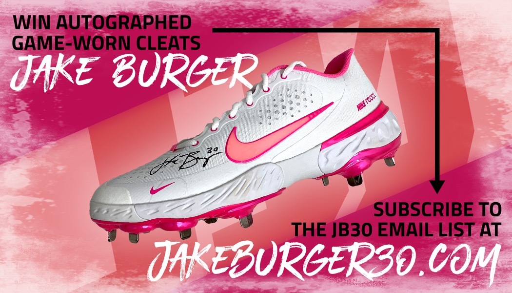 Enter to win Jake Burger autographed & game-worn cleats!! Sign up for the Burger BOMBS email list at jakeburger30.com and you're entered to win! Sign up by 12:00PM ET on 3/14/22 to be eligible. #jakeburger #burgerbombs