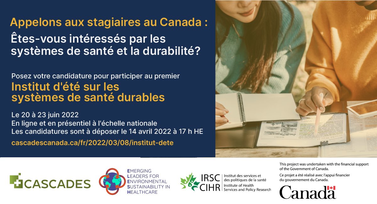 Appelons à tous les stagiaires au Canada intéressés par les systèmes de santé et la durabilité!
Posez votre candidature pour participer au premier l'Institut d'été pan-canadien sur les systèmes de santé durables le 20 au 23 juin 2022
cascadescanada.ca/fr/2022/03/08/…