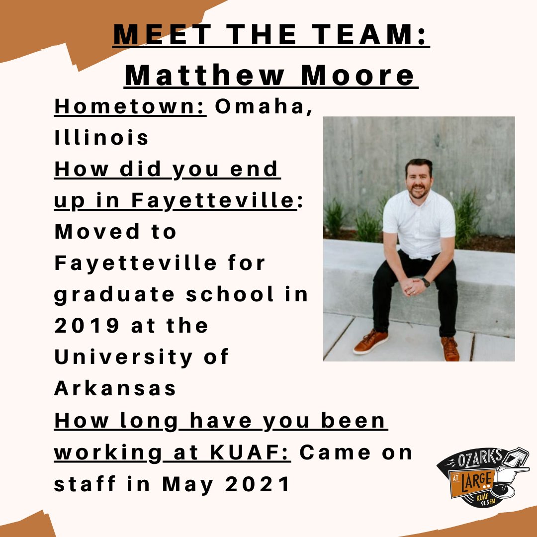 OzarksatLarge's tweet photo. Team Tuesday: Matthew Moore
This week get to know Matthew, a reporter and producer for Ozarks At Large. You know him from the daily episodes of OAL! Reply with questions you want our team members to answer!
#OzarksAtLarge #OALTeamTuesday #KUAF https://t.co/7VAqV83Qk5