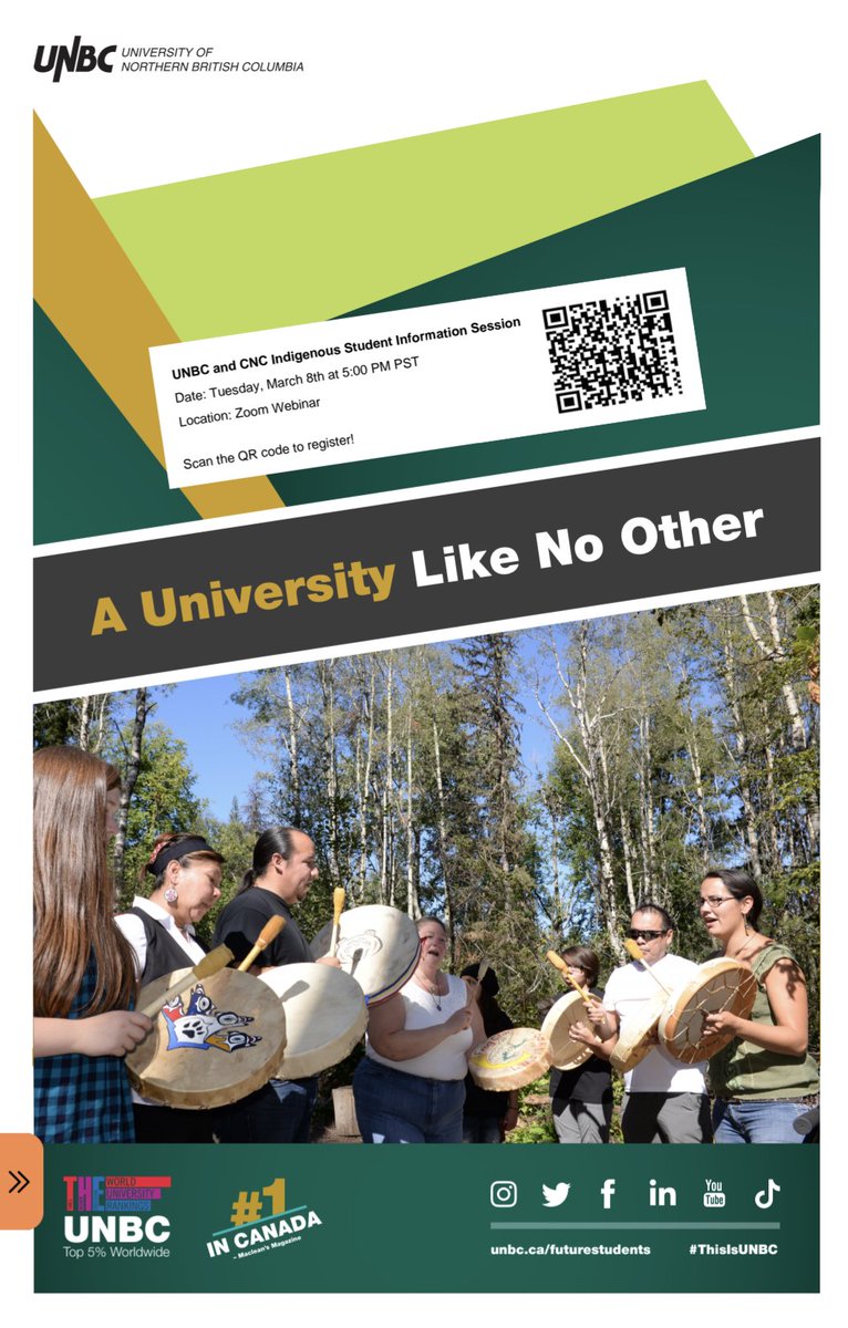 Indigenous Student Information Session with UNBC and CNC TONIGHT!

More information can be found here: www2.unbc.ca/events/65391/u…

Students can scan the QR code to register or visit: unbc.zoom.us/webinar/regist…