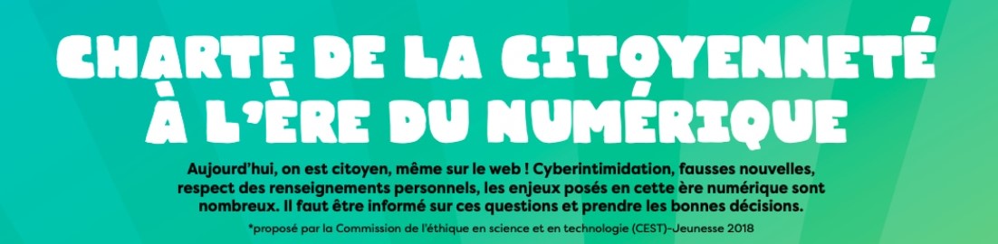 Charte #CITNUM | Le comité jeunesse de la CEST a élaboré une charte de la Citoyenneté à l’ère du numérique qui permet aux jeunes de mieux s’informer et de prendre position sur des enjeux éthiques dans une perspective de participation à la vie démocratique. printempsnumerique.ca/projets/projet…