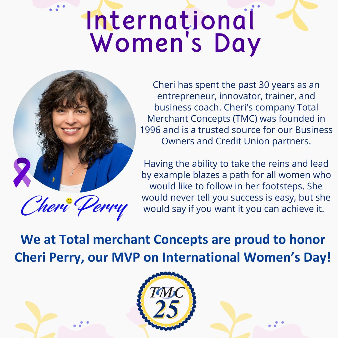 TMCRocks's tweet photo. #internationalwomensday 
Cheri has spent the past 30 years as an entrepreneur, innovator, trainer, and business coach. 
We at Total merchant Concepts are proud to honor Cheri Perry , our MVP on International Women’s Day! https://t.co/HyskM6Kr3Z