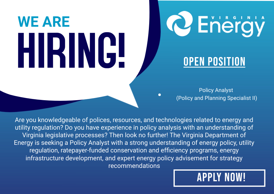 #VirginiaEnergy is hiring a #PolicyAnalyst. Those interested should apply here by March 18th: ow.ly/JhfX50IecWG