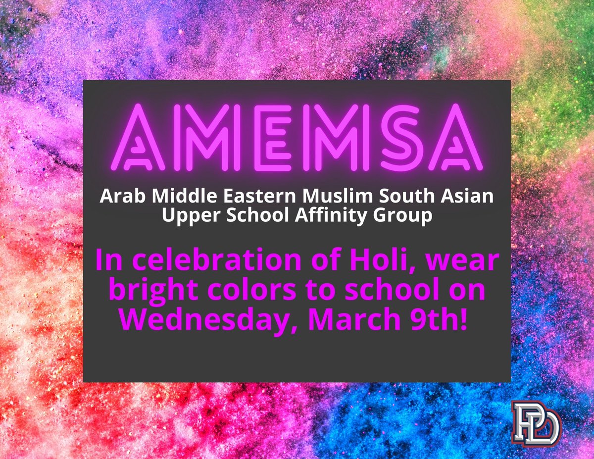 Wear bright colors in celebration of Holi on March 9th! <a href="/ProvidenceDay/">Providence Day</a> #pdschargers