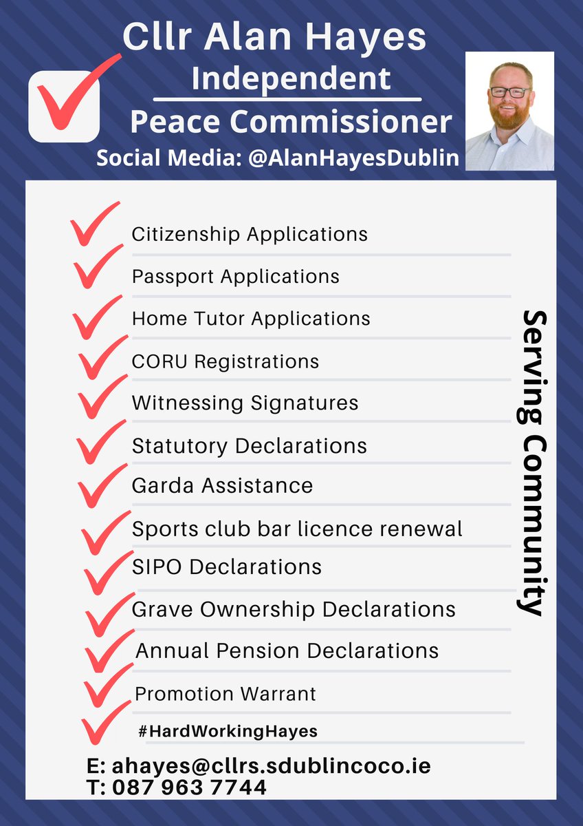 AlanHayesDublin's tweet photo. The role of a #PeaceCommissioner offers an important free service to the community. The bulk of the task is witnessing signatures.
I'm available to all residents of #Lucan #Palmerstown #NorthClondalkin and surrounding areas.
If you need me, please drop me a message. https://t.co/kzxaNvDZ9s