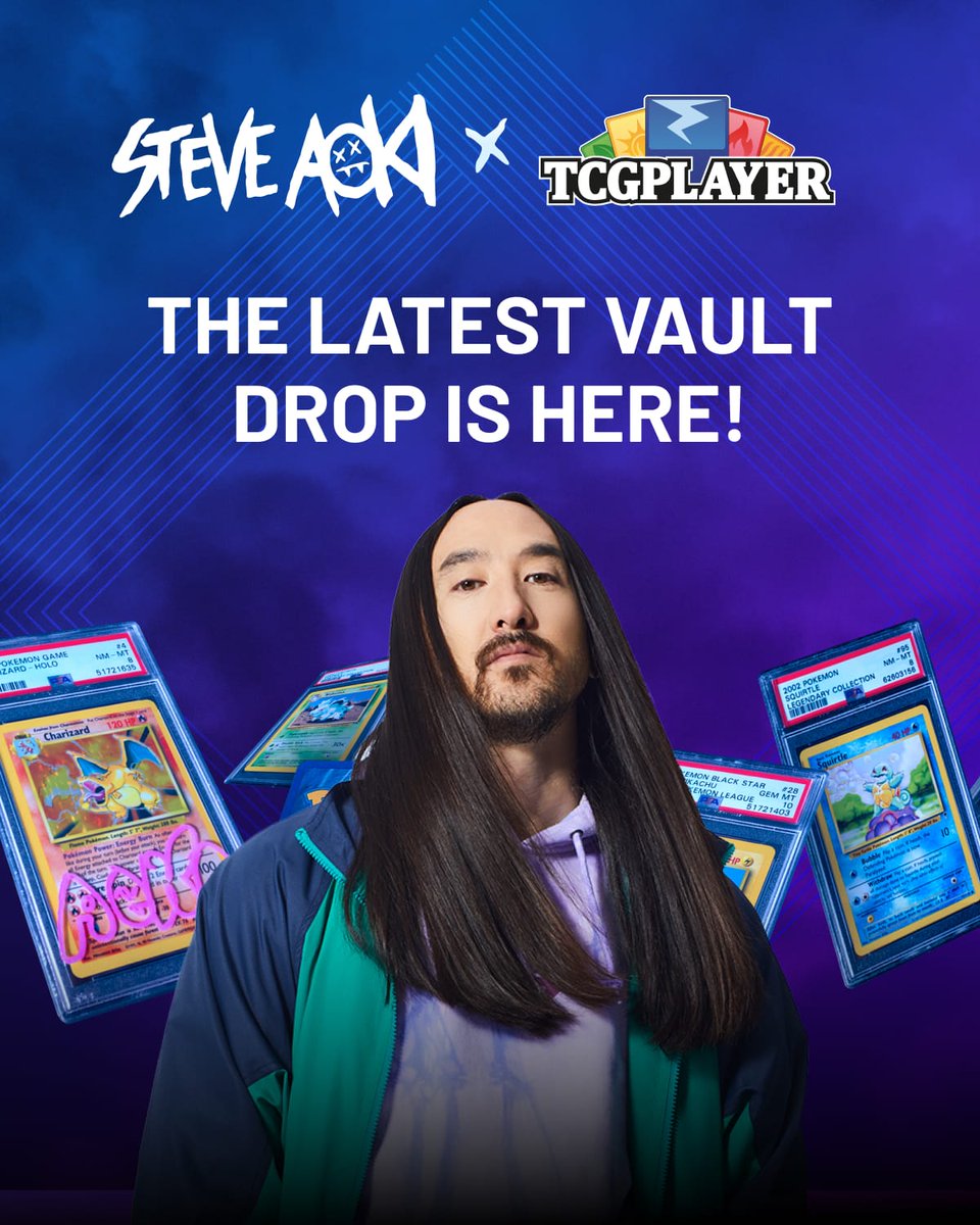 steveaoki's tweet photo. this week's newest #AokiVault drop is here!!! still so many amazing prizes still available: free golden ticket to my show, meet &amp; greets, Slabbed Cards, &amp; so much more!! 💥💥💥 tons of hits!! @tcgplayer 

https://t.co/pYJWzo1hJt https://t.co/zV8xCVbw4h