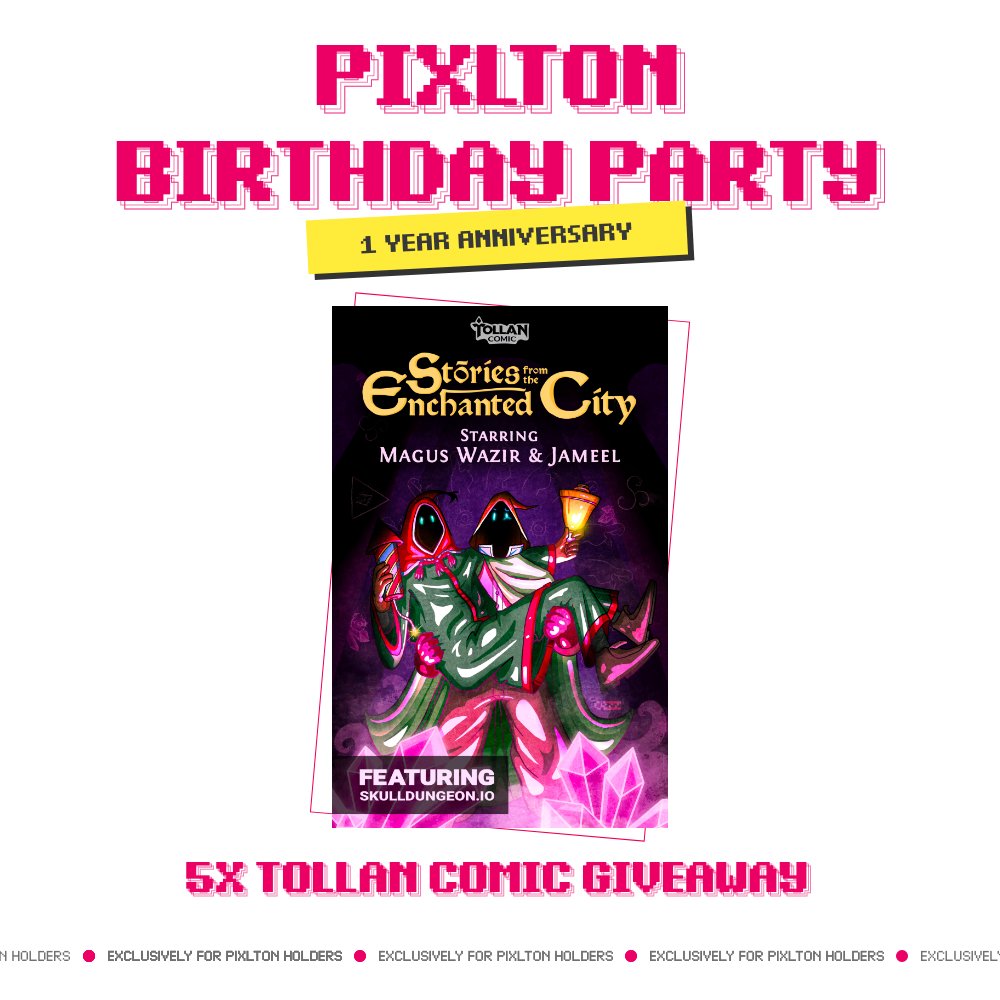 It's time for another Birthday Week GIFT! 🎁🎁Together with our friends over <a href="/Tollan_Worlds/">tollan_worlds</a> we are giving away 5 Tollan Comics!

To win one:
- RT this tweet
- Follow <a href="/Tollan_Worlds/">tollan_worlds</a> and <a href="/PixltonNFT/">Pixlton - The Awkward NFT Town</a> 

Winners will be picked 24hrs from now, GL! 🎉