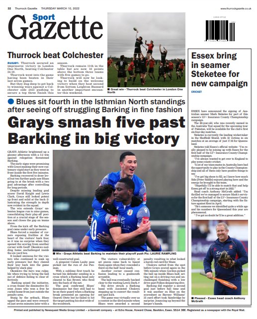 Grays Athletic Football Club (@graysathleticfc) on Twitter photo This weeks back page of the <a href="/ThurrockGazette/">Thurrock Gazette</a> - thank you for your support and coverage #dontaskyoudontget This weeks back page of the <a href="/ThurrockGazette/">Thurrock Gazette</a> - thank you for your support and coverage #dontaskyoudontget