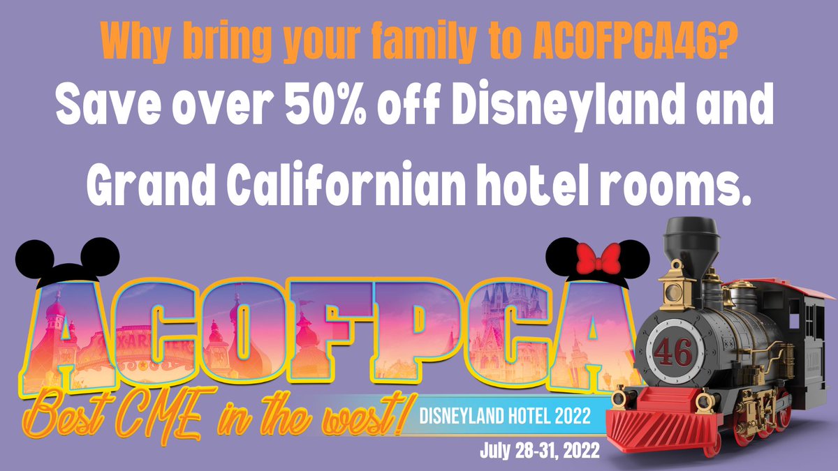 The Best CME in the West medical scientific seminar is happening July 28-31, 2022 at the Disneyland Hotel.  Bring your family! 50% off Disneyland hotel plus discounted theme park tickets. Register now! https://t.co/c9SnaW2SZb #BestCMEinWest #ACOFPCA46 https://t.co/mab66koHRH