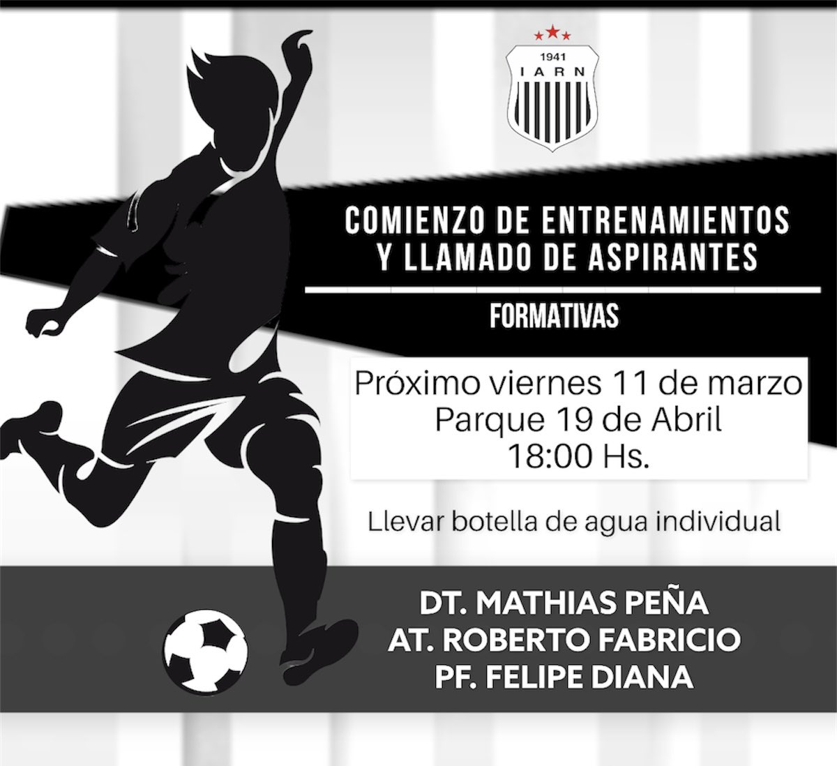 Comienzo de entrenamientos y llamado de aspirantes de categorías Sub 15 y Sub 17 de nuestra Institución. 
A cargo del DT. Mathias Peña, AT. Roberto Fabricio y PF. Felipe Diana. 
Bienvenidos y suerte para la temporada 2022.