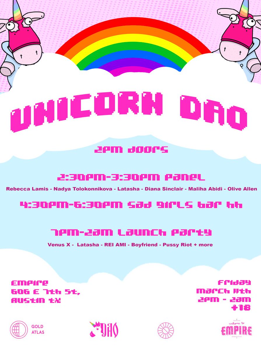 unicorndao_xxx's tweet photo. We're throwing one of the biggest launch parties @ SXSW. Show up to our all day event on 3/11 w/@EmpireATX, where we'll have a gallery, panel, booze and a concert, featuring your fav women in web3 @venusxgg @CallMeLatasha @dianaesinclair @Maliha_z_Art @IamOliveAllen @venusx &amp;more https://t.co/SFKnwk5jdW