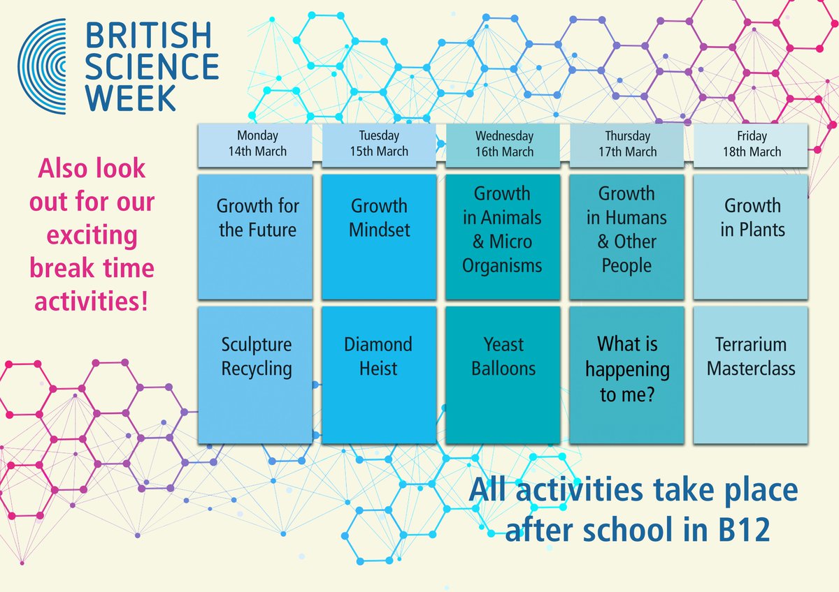 ⏰ 6 days until British Science Week! #BSW22 

Our theme is GROWTH and we have 'break time, brain teasers' and after school sessions every day for students to explore this theme in different ways! 🍃🦎🎈

<a href="/McrAcademy/">Manchester Academy</a> <a href="/EldonPrincipal/">James Eldon</a> <a href="/KEV_Science/">Katie Evans 👩🏼‍🏫🧪🔬🌿</a>