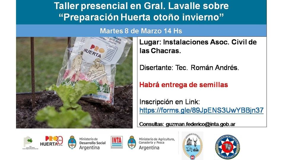 INTACuenca's tweet photo. #GralLavalle
El ProHuerta (Ministerio de Desarrollo Social de la Nación– INTA) junto a la Municipalidad de Gral. Lavalle dictara una capacitación en huerta y se entregaran semillas de la temporada Otoño - Invierno 2022.
Inscripción: https://t.co/DycZfQ15QI https://t.co/HUfAj205W4