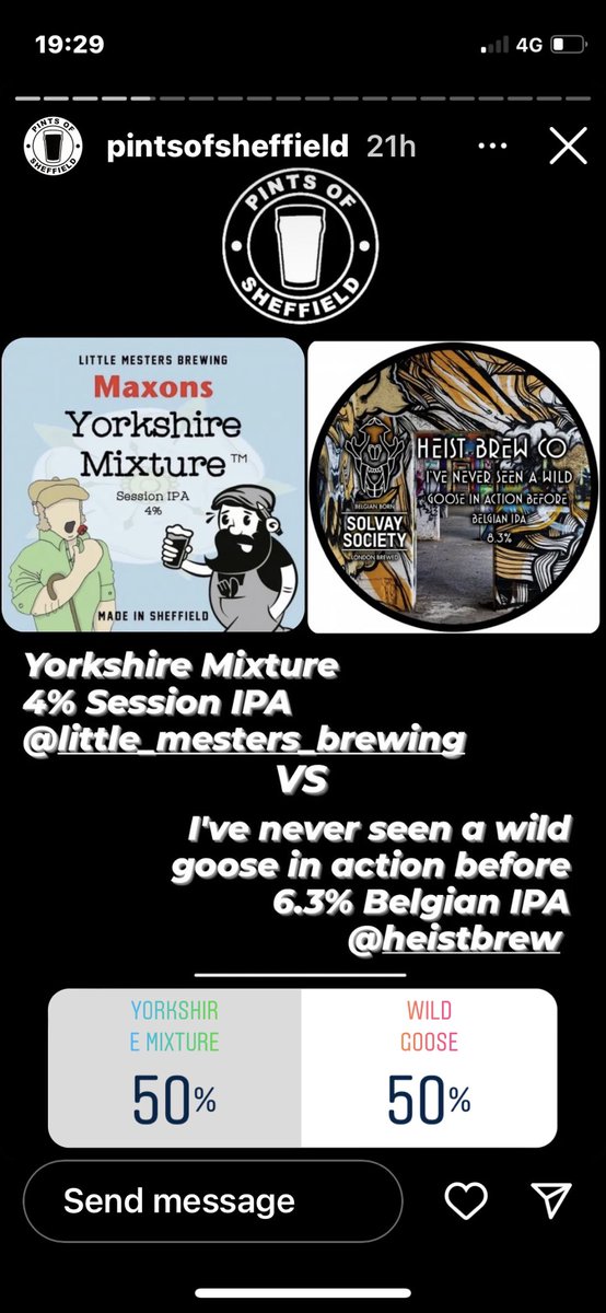 Good evening all,

We find ourselves in the Sheffield beer of the year semi final against the amazing Heist brewery and it's a close one...

If you could take 10 seconds to show us some love and vote Yorkshire Mixture 🍺

Link...

instagram.com/stories/pintso…

Cheers 🍺