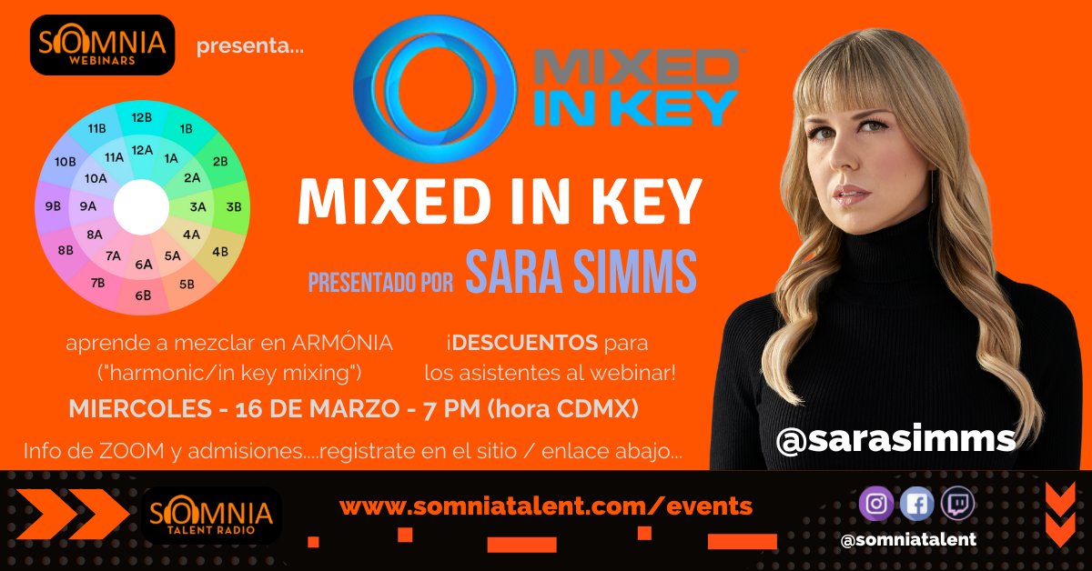 sarasimms's tweet photo. I'm happy to present a @MixedInKey workshop for @SOMNIATALENT on March 16th @ 7 pm CST/8 pm EST on Zoom. Somnia focuses on fostering DJ and producer talent in Latin America. Register here: https://t.co/ADfJDqXOOB
#mixedinkey #musicproduction #djmixing #harmonicmixing #djslatinos https://t.co/C9WzofFSb4