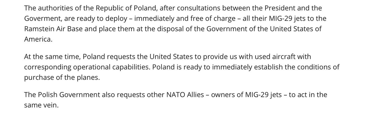 mmcintire's tweet photo. Statement from Polish govt: They’re giving all their Russian-made fighter jets for use in Ukraine and urge other NATO counties to do the same https://t.co/T6SPuu2gz6