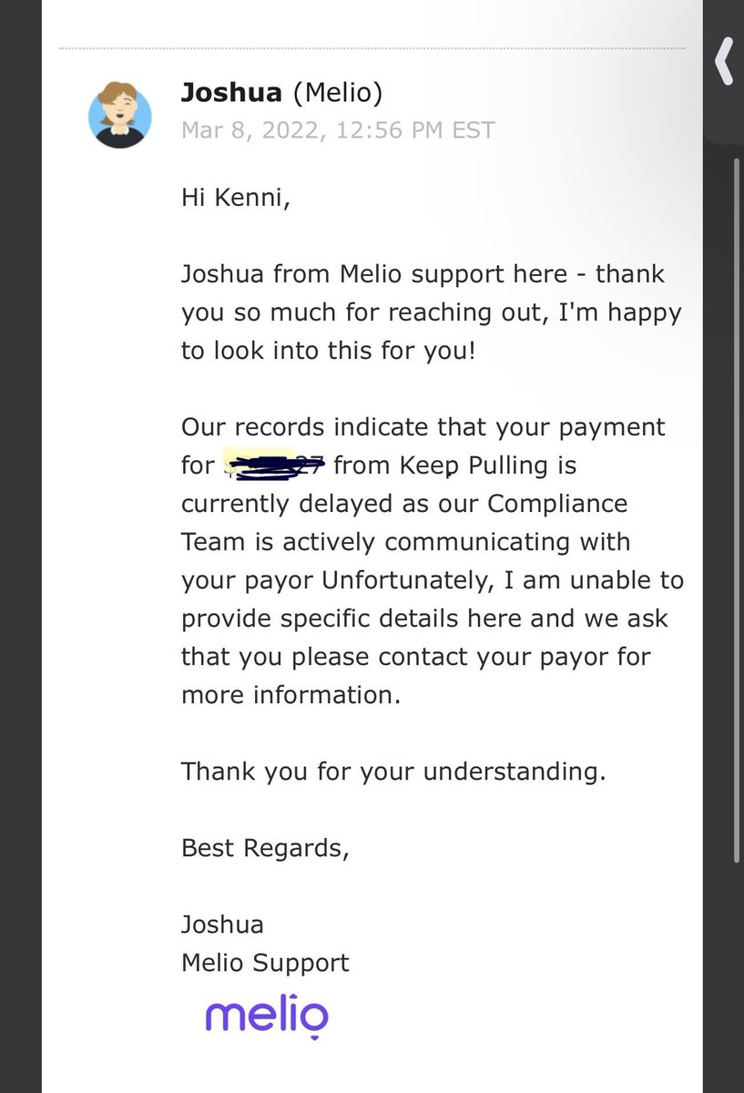 missklauka's tweet photo. @MelioPayments the last response I got from you guys about this payment was on 2/24. Please don’t lie and say you’re “actively communicating.” Nothing could be further from the truth. https://t.co/4JAtd6Txj7