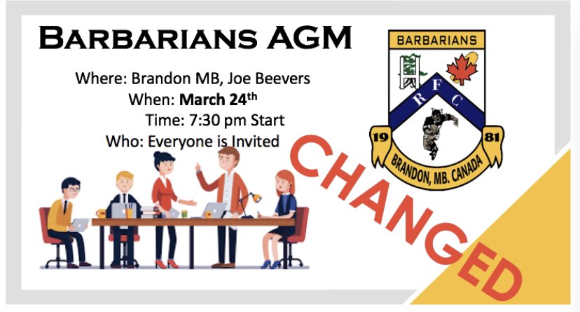 IMPORTANT!!! The AGM as been moved to March 24th in the private room of Joe Beeverz Brandon! Starting at 730pm! Everyone come out discuss how to better the Barbarians!