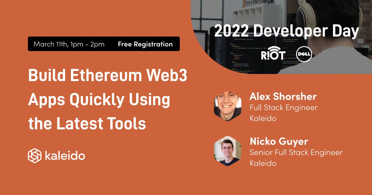 Kaleido_io's tweet photo. Join us March 11 at 1pm EST for our workshop at @RIoTonSocial Developer Day in-person event at @waketechcc RTP Campus. We'll show you how to build digital assets & blockchain-based apps radically faster with Kaleido and #HyperledgerFireFly. See you there! https://t.co/gtRhKoK1iA https://t.co/y3TQpqPyM3
