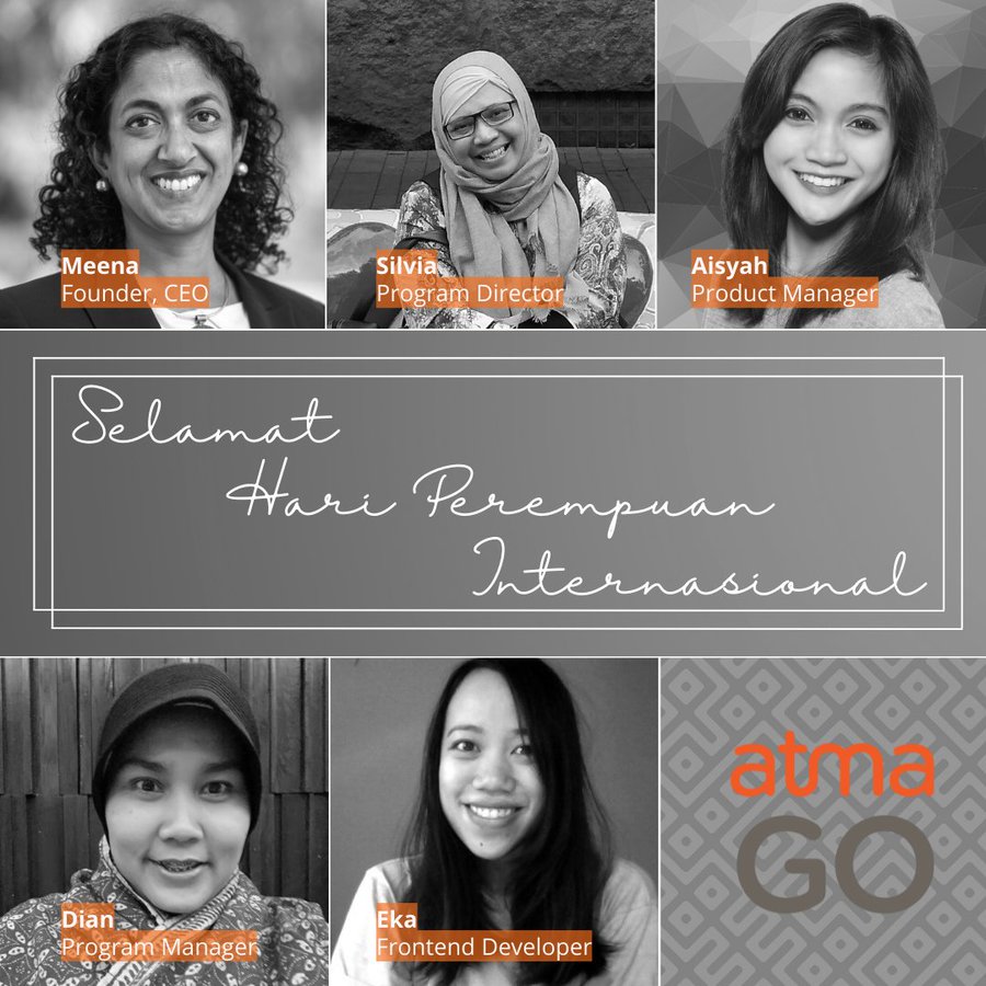 Here's to International Women's Day!  Meet some of the awesome people on our team:
 - Meena Palaniappan (CEO)
 - Silvia Yulianti (Program Director)
 - Aisyah Gunung (Product Manager)
 - Dian Anggreini (Program Manager)
 - Eka J. Ayuningtyas (Frontend Developer) #IWD2022 #AtmaGo