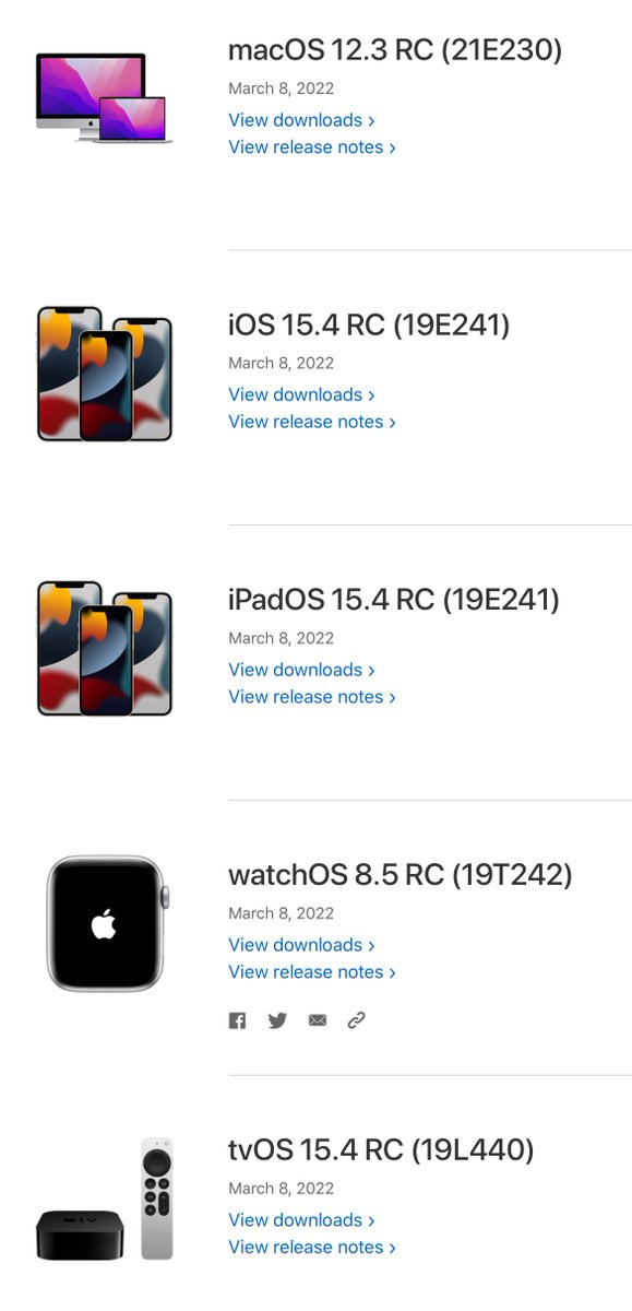 zollotech's tweet image. Along with iOS 15.4 RC, Apple also release

iPadOS 15.4 RC
watchOS 8.5 RC
tvOS 1.4 RC
macOS 12.3 RC