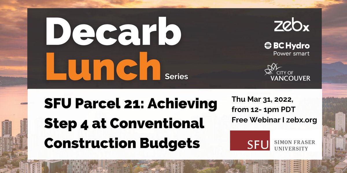 🚨EVENT - FREE REGISTRATION✅

Decarb Lunch - #SFU Parcel 21: Achieving Step 4 at Conventional Construction Budgets

bcgreeneventcalendar.ca/zebx-decarb-lu…

🎉A #CleanBC Net-Zero Energy-Ready Challenge Winner
👉Thu Mar 31, 2022

#greenbuilding
#ghgemissions 
#decarbonization