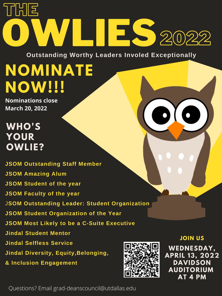 JSOMDeanCouncil's tweet image. Are you ready for the OWLIE Awards? It&apos;s going to be a HOOT!

The OWLIE Award nominations are open! This is your chance to celebrate all those who have positively impacted your time at @jindal_utdallas.

Visit bit.ly/owlies to submit a nomination.