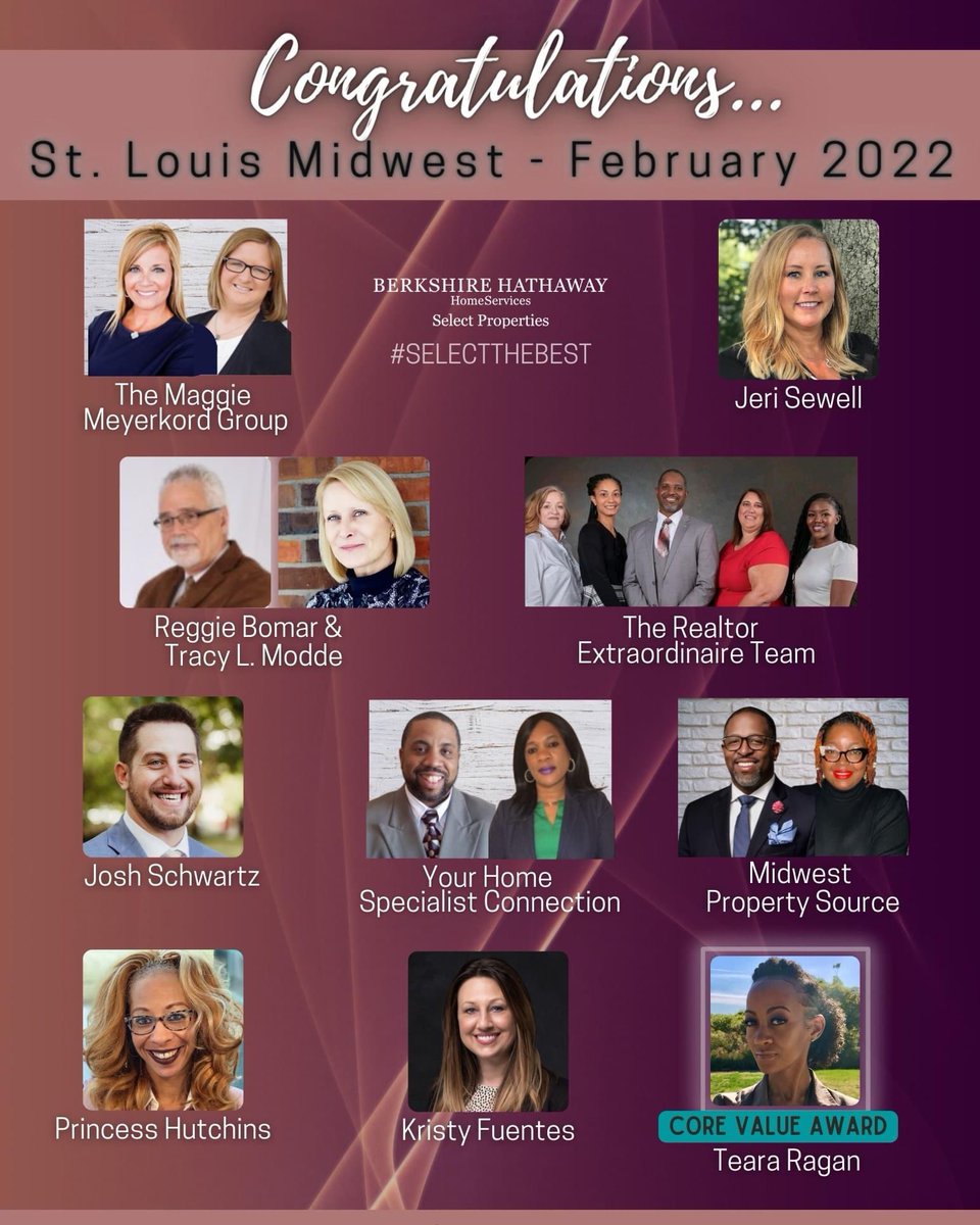 thebestprincess's tweet photo. Congratulations to our Top Agents for February at Berkshire Hathaway HomeServices Select Properties - St. Louis Midwest!
#SelectTheBest #CoreValues #SelectTop #entrepreneurship #Vision https://t.co/NQDHe7PTPA