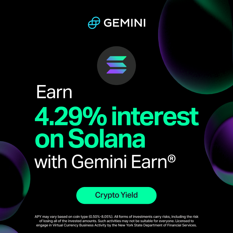 Gemini's tweet photo. Earn 4.29% interest on Solana (Sol) with @Gemini Earn. Install now and start earning today👇