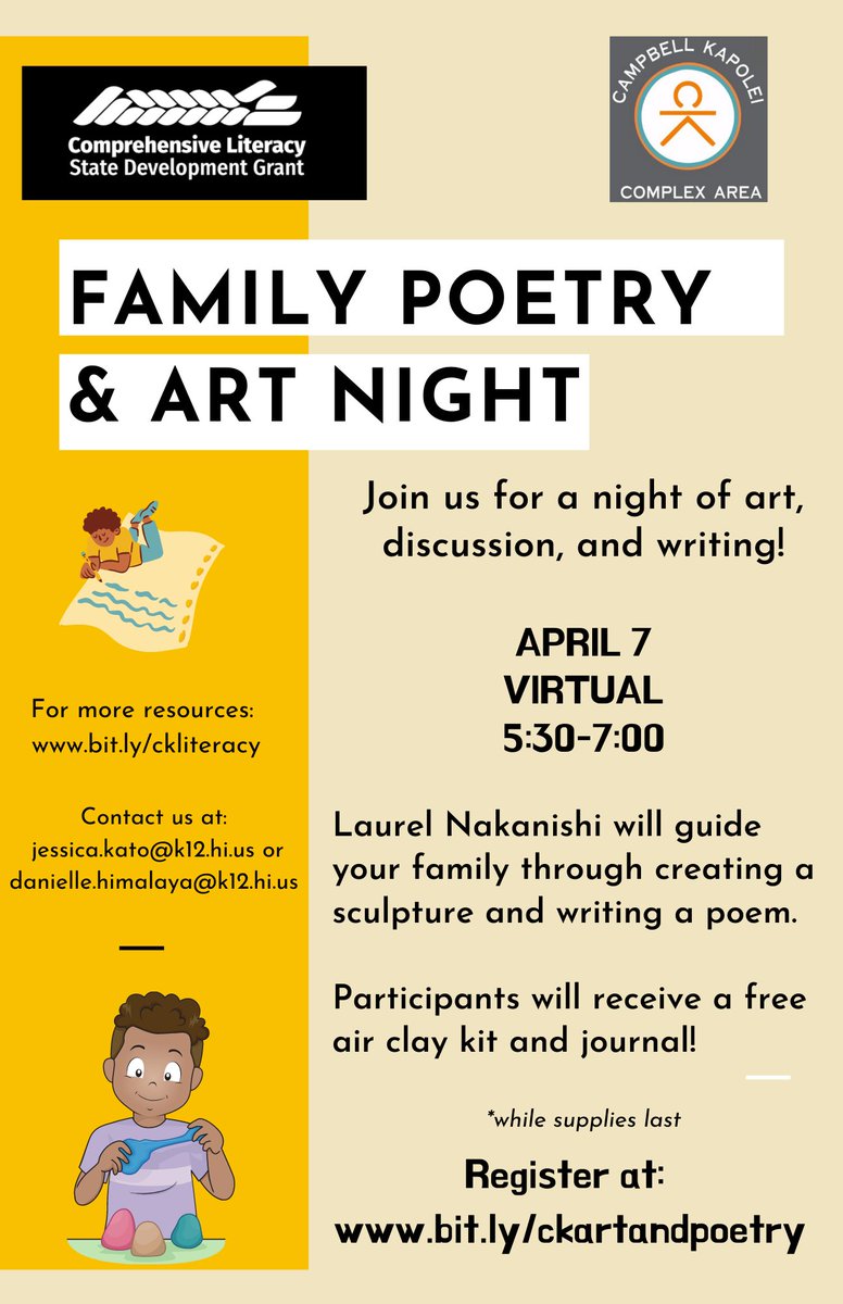 Jessica Kato, MEd, NBCT (@jessicakato80) on Twitter photo Our next #CLSD CK Family Literacy Event is coming up!!!! Please share <a href="/cksupports/">CK Support Office</a> <a href="/MESMenehune/">Makakilo Elementary School</a> <a href="/Pohakea_Elem/">Pohakea Elementary</a> <a href="/BarbersPt/">Barbers Point Elementary School</a> <a href="/IroquoisPtElem/">IroquoisPtElem</a> <a href="/KaimiloaES/">Kaʻimiloa Elementary</a> <a href="/EBESBees/">Ewa Beach Elementary</a> <a href="/HIDOE808/">Hawai‘i Public Schools</a> <a href="/petrahschatz/">Petra Schatz</a> <a href="/Stajima1Stajima/">Sean Tajima</a> <a href="/keoneula_cubs/">Keoneula Elementary</a> <a href="/hookele808/">Ho‘okele Elementary</a> <a href="/KapoleiElem/">Kapolei Elementary</a> <a href="/EwaSchoolHI/">Ewa Elementary School HI</a> <a href="/Principal_MLES/">Neil Battad</a> Our next #CLSD CK Family Literacy Event is coming up!!!! Please share <a href="/cksupports/">CK Support Office</a> <a href="/MESMenehune/">Makakilo Elementary School</a> <a href="/Pohakea_Elem/">Pohakea Elementary</a> <a href="/BarbersPt/">Barbers Point Elementary School</a> <a href="/IroquoisPtElem/">IroquoisPtElem</a> <a href="/KaimiloaES/">Kaʻimiloa Elementary</a> <a href="/EBESBees/">Ewa Beach Elementary</a> <a href="/HIDOE808/">Hawai‘i Public Schools</a> <a href="/petrahschatz/">Petra Schatz</a> <a href="/Stajima1Stajima/">Sean Tajima</a> <a href="/keoneula_cubs/">Keoneula Elementary</a> <a href="/hookele808/">Ho‘okele Elementary</a> <a href="/KapoleiElem/">Kapolei Elementary</a> <a href="/EwaSchoolHI/">Ewa Elementary School HI</a> <a href="/Principal_MLES/">Neil Battad</a>