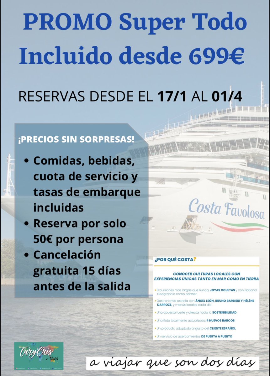 ViajesTuryCris's tweet image. 🚢🚢🚢🚢🚢 CRUCERO 🚢🚢🚢🚢🚢

↔️ PODÉIS REALIZAR LA RESERVA CON TAN SÓLO 50€ por persona 

📌 PROMO SÚPER TODO INCLUIDO

📍CANCELACIÓN HASTA 15 DÍAS ANTES DE LA SALIDA   

⏩⏩⏩ desde 699€ ⏪⏪⏪

#viajesturycris #aviajarquesondosdías