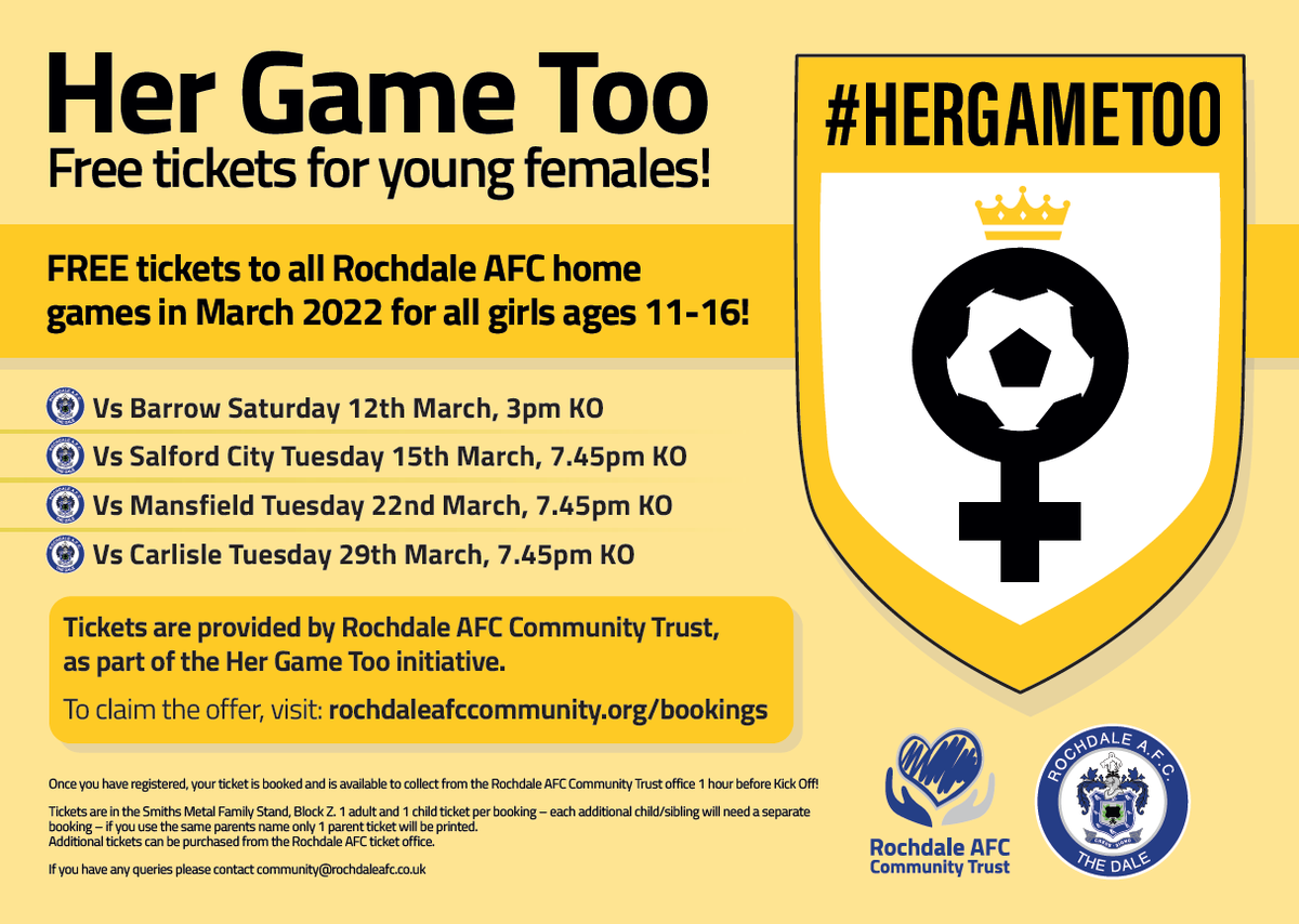 RAFCCommunity's tweet photo. 💛 This weekend, we have a dedicated #HERGAMETOO matchday.

👏 We're offering free tickets to all girls in Rochdale aged 11-16 for Rochdale AFC home matches in March!

Come and join us ⚽

➡️ Secure your ticket here: https://t.co/jIpxw15rkb https://t.co/5IMfWoYwlV