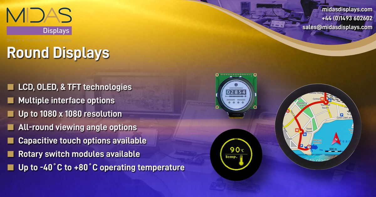 MidasDisplays's tweet photo. Do you have an application that could be improved with a circular display? 🔘
We have many round LCDs, OLEDs, and TFTs available in our range ℹ️
Get in touch for more information 📞📧
#DisplaySolution #RoundDisplay #LCD #OLED #TFT https://t.co/AWUxtGpMDJ