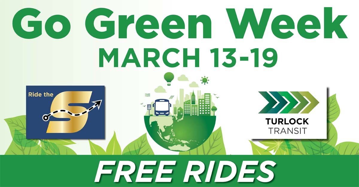 StanRTARideTheS's tweet photo. Go Green Week is coming up! You can do your part to improve air quality in Stanislaus County by choosing ride-share options for your travel. All fixed-route and commuter buses on The S and Turlock Transit will be FREE March 13-19! #StanRTA #TurlockTransit #GoGreenWeek https://t.co/WiHBXsZKHw