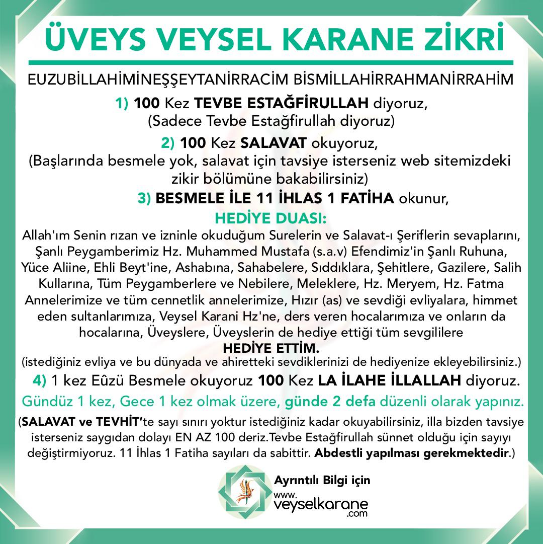 Üveys Zikriyle
Büyük bir huzur gelir ve kalıcı olur
Sorunlar kolaya çözülür
Sıkıntılarınızdan feraha erersiniz
Siz ve sevdikleriniz koruma altına alınırsınız
İbadetler kolay hale gelir
Kötü alışkanlıklarınız varsa alınır
ALLAH'ı ve RESUL'ünü çok sever ve sevgilerini kazanırsınız