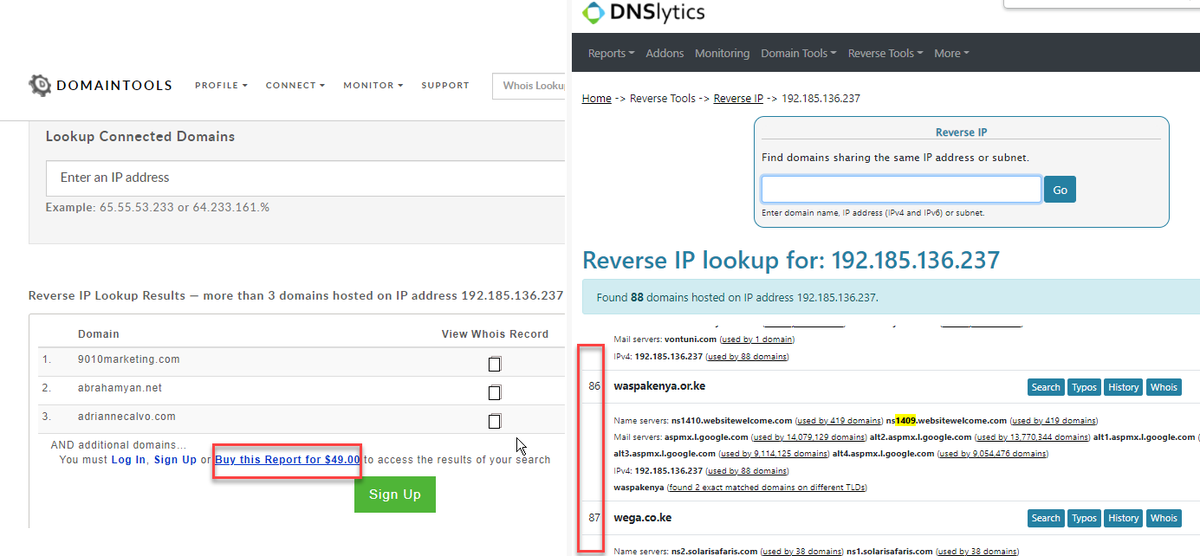 shendison's tweet photo. I really needed the full list for a #DNS reverse IP lookup and almost paid $49 for it from @DomainTools, then found @DNSlytics will give me all 88 domains for FREE -  https://t.co/qHnyAYmMoC  - Thank you! https://t.co/l6Gz767HaD