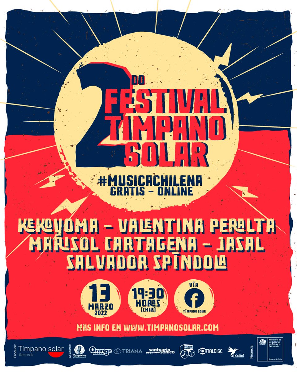 Este domingo 13 de Marzo a las 19:30: Festival Online Tímpano Solar!
Toda la info en fb.me/e/2dxaEOc1W

#timpanosolar
#musicachilena
<a href="/timpanosolar/">Tímpano Solar</a> 
<a href="/newencero/">ALLAN FOLLERT</a>