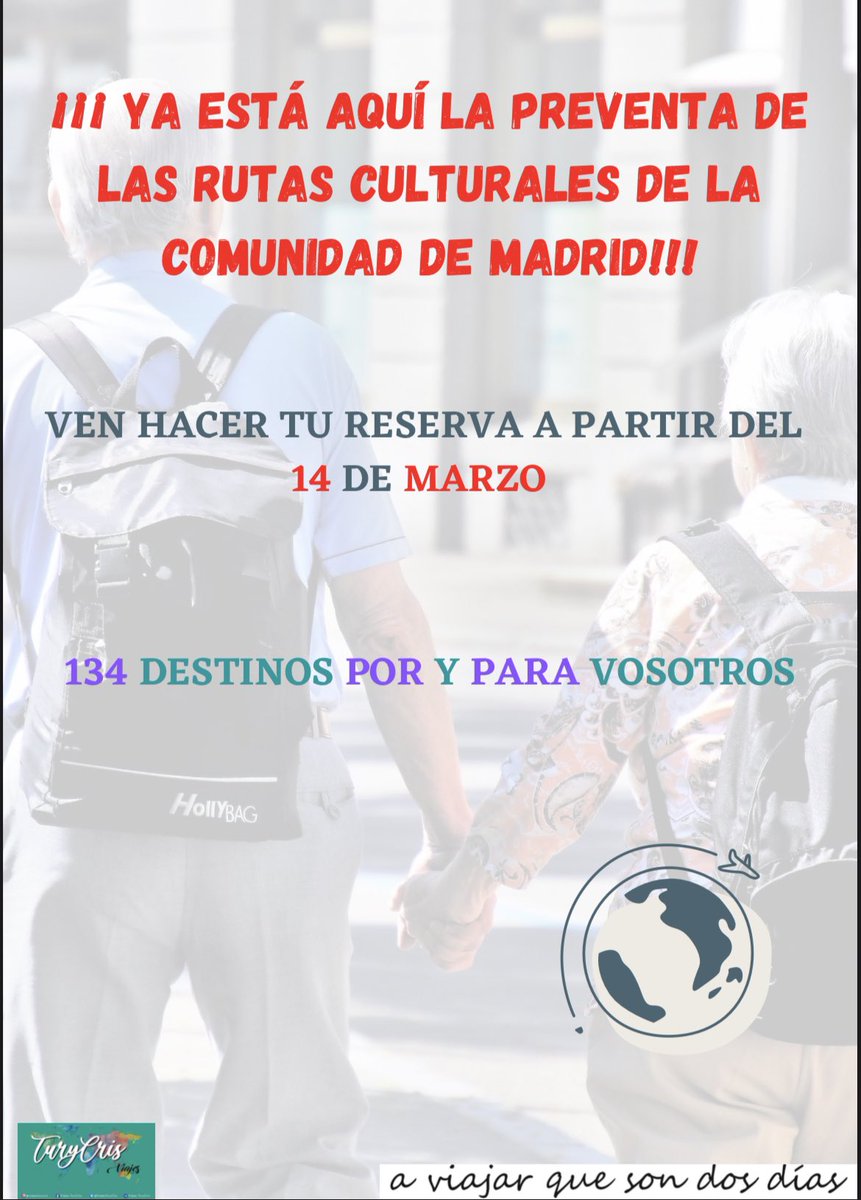 ViajesTuryCris's tweet image. ‼️‼️‼️‼️ OS VAIS A QUEDAR SIN PLAZA⁉️

❌ RUTAS CULTURALES DE LA CAM

💯 REALIZA SU RESERVA DESDE EL 14 de MARZO

➡️ Podéis consultar sin compromiso en el 📲628733335 o por 💻 info@viajesturycris.com
📍Avda. Mar Mediterráneo 79, Valdemoro - Madrid        #viajesturycris