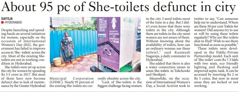 Saiteja_Burra's tweet photo. Too many women welfare schemes but improper She-Toilets in Hyderabad.
#Hyderabad #SheToilets #WomensDay2022 https://t.co/aBXQHyO9gQ