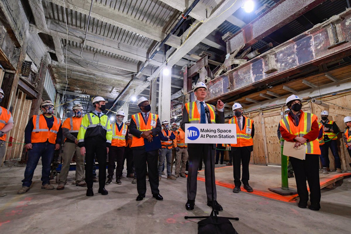 MTA's tweet photo. The new concourse for @LIRR trains at Penn Station is getting a major lift, literally!

Work is underway to raise the ceiling height by removing 7 low-hanging steel beams, known informally as "Head Knockers."

Customers will have a brand new Penn Station next year. https://t.co/C8umcwFOGM