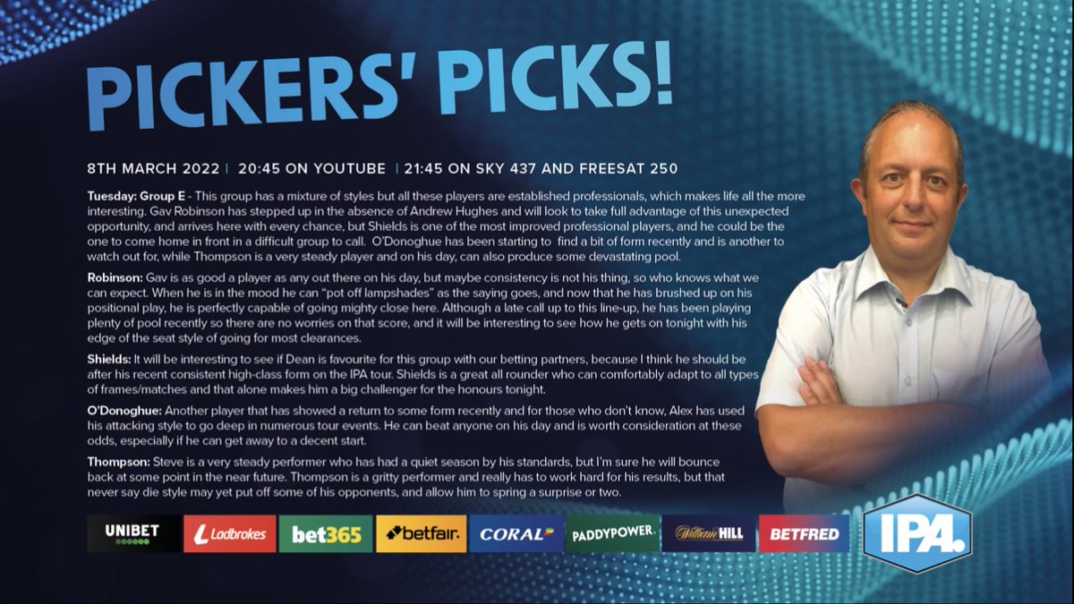 PickersPicks's tweet photo. It’s nearly that time again for Pool 🎱 have you all got your picks for tonight?? Here are mine
@IPAPool @GaryWiltshire16 @pickworth_marc @tv_sporty https://t.co/GTGzaGb1SQ