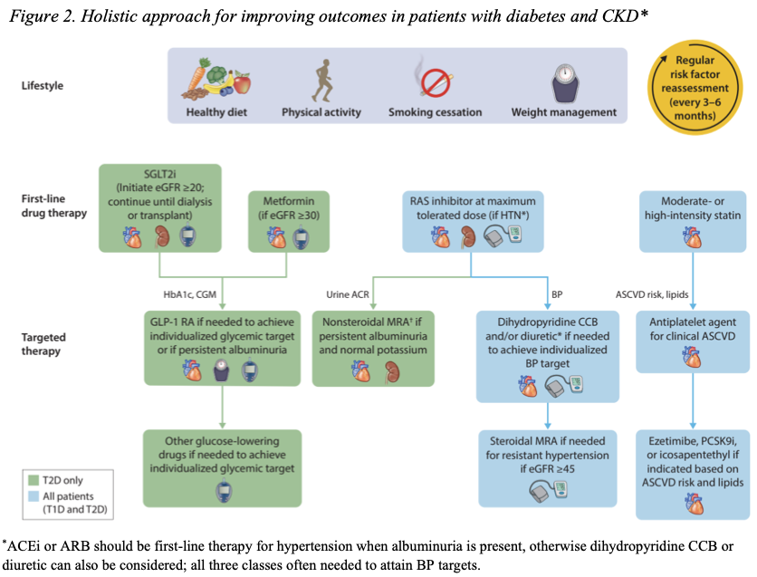 Las KDIGO de diabetes 2022 (public draft review) actualizan su afortunado gráfico del abordaje holístico del paciente diabético con ERC. Cuánto en tan solo una imagen (iSGLT2 si FG > 20, GLP-1 RA como 2ª línea, ARM si proteinuria) bit.ly/3KqCnet <a href="/SENefrologia/">S.E.N. Nefrología</a> <a href="/SOMANEorg/">Sociedad Madrileña de Nefrología (SOMANE)</a>