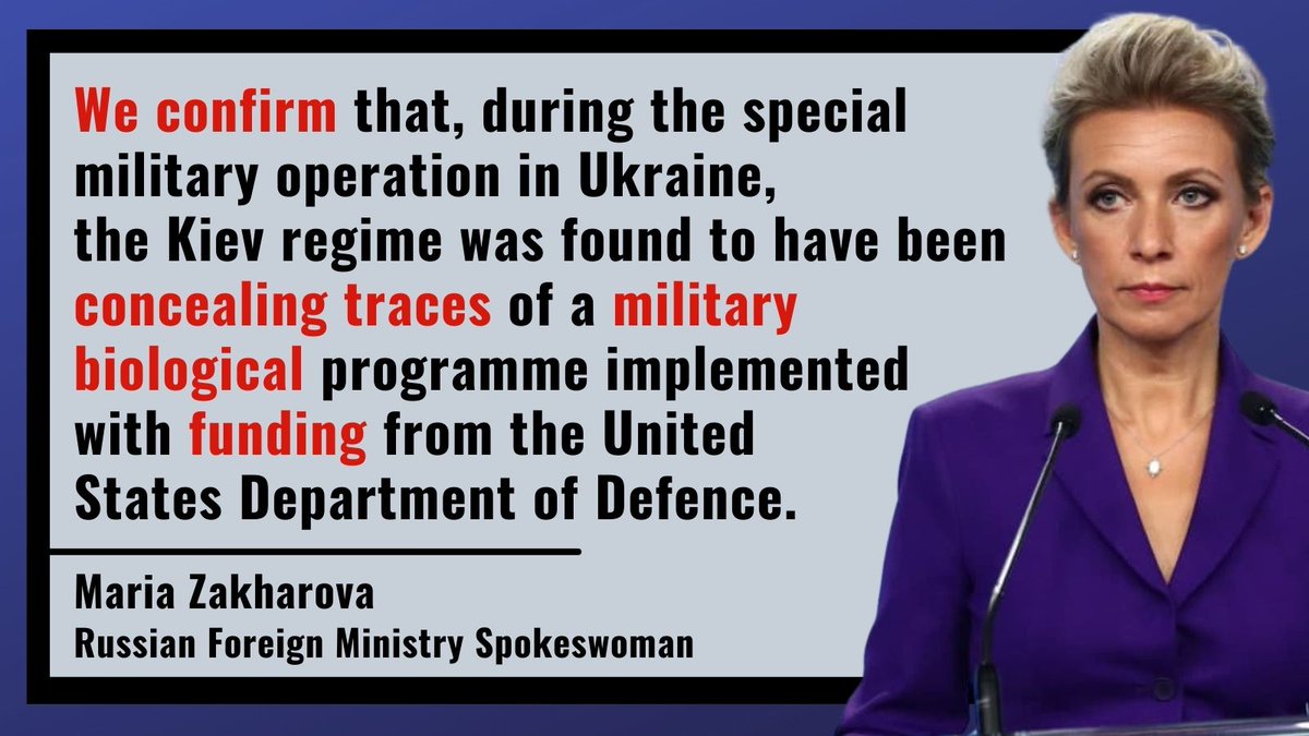 mfa_russia's tweet photo. ⚡️ Maria #Zakharova:

💬 We can conclude that components of biological weapons were being developed in Ukrainian laboratories in direct proximity to Russian territory.

🔗 https://t.co/6vqfEEGpdQ https://t.co/Z4ehZ04SHC