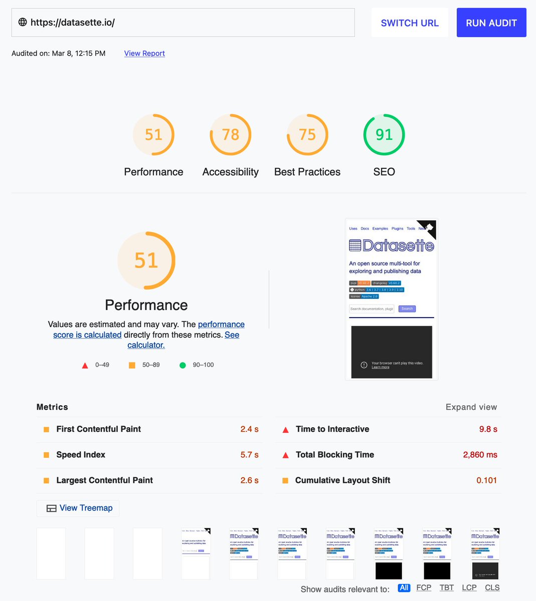 simonw's tweet image. Just improved the Lighthouse performance score of datasette.io from 51 to 93 by swapping the YouTube embed on the homepage for github.com/paulirish/lite… by @paul_irish

Here are the before and after reports - further details in this issue: github.com/simonw/dataset…