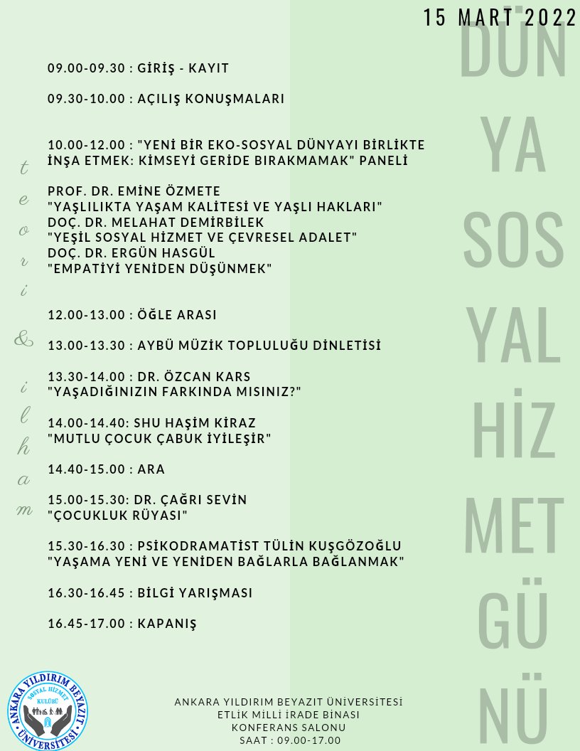 15 Mart Dünya Sosyal Hizmet Günü Etkinliğimiz ile karşınızdayız 🎉
IFSW'nin belirlemiş olduğu "YENİ BİR EKO-SOSYAL DÜNYAYI BİRLİKTE İNŞA ETMEK :KİMSEYİ GERİDE BIRAKMAMAK" temasından hareketle organize ettiğimiz etkinliğimize katılım için profilimizdeki formu doldurmalısınız ☺️