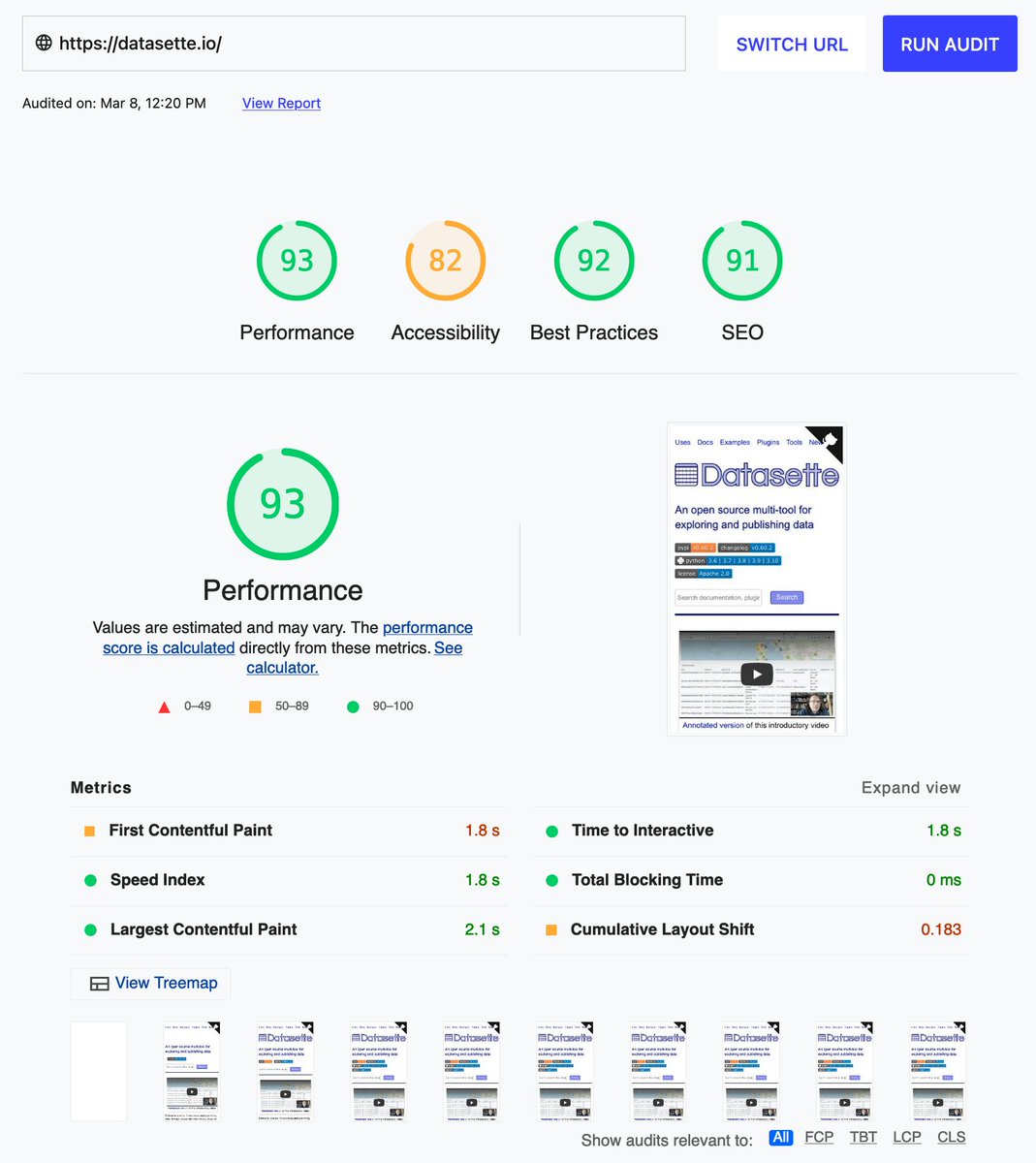 Simon Willison (@simonw) on Twitter photo Just improved the Lighthouse performance score of datasette.io from 51 to 93 by swapping the YouTube embed on the homepage for github.com/paulirish/lite… by <a href="/paul_irish/">Paul Irish</a>
Here are the before and after reports - further details in this issue: github.com/simonw/dataset… Just improved the Lighthouse performance score of datasette.io from 51 to 93 by swapping the YouTube embed on the homepage for github.com/paulirish/lite… by <a href="/paul_irish/">Paul Irish</a>
Here are the before and after reports - further details in this issue: github.com/simonw/dataset…