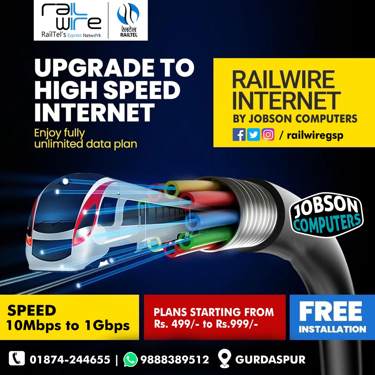 railwiregsp's tweet photo. Speeds up to 1Gbps!
Get #Railwire Wireless &amp; Fiber-Net  #FTTH #FibreToTheHome  services. Plans starting just at ₹499
Call Now 9888389512 | 01874-244655
#railwirebroadband #broadband #internet #gurdaspur #dinanagar #kahnuwan #wifi  #broadband #internet #wifi #telecom #technology https://t.co/06bIli5OUk