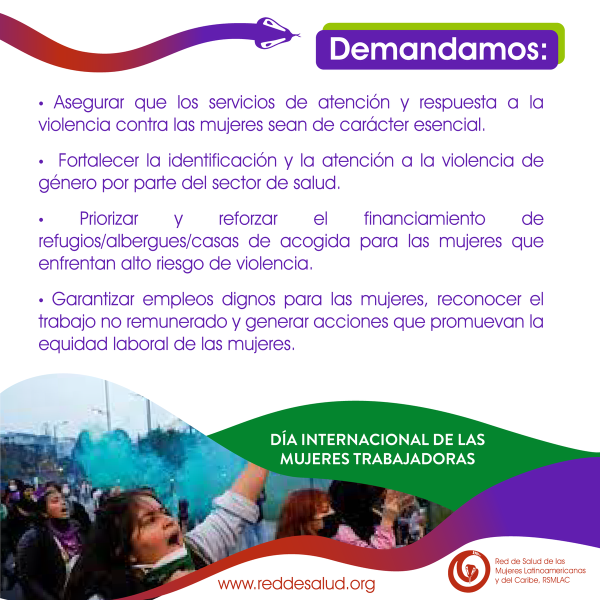 RSMLAC's tweet photo. #Demandamos Garantizar empleos dignos para las mujeres, reconocer el trabajo no remunerado y generar acciones que promuevan la equidad laboral de las mujeres. #8M https://t.co/ZYUb07mAts